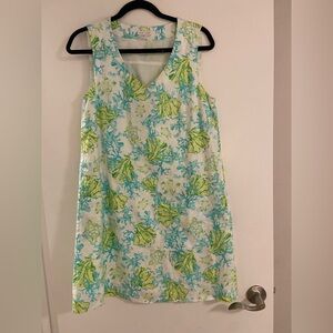 J. Jill 100% Linen Knee Length Shift Dress Coral Sea Turtles Size Small Petite